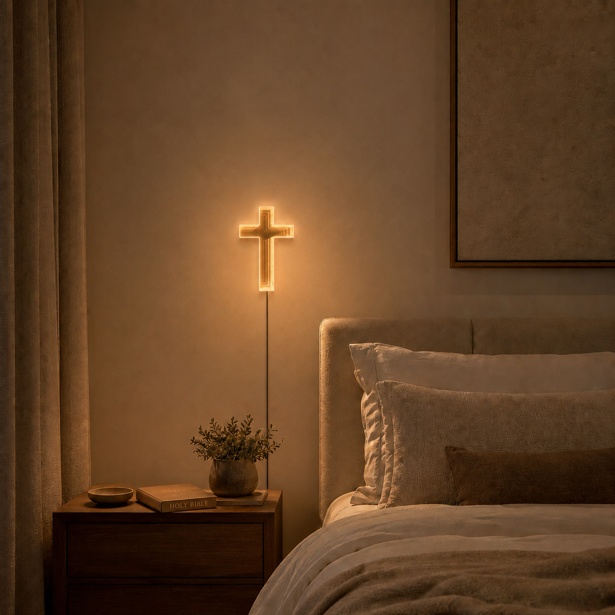 Croix lumineuse TheGodsCross dans une chambre chaleureuse